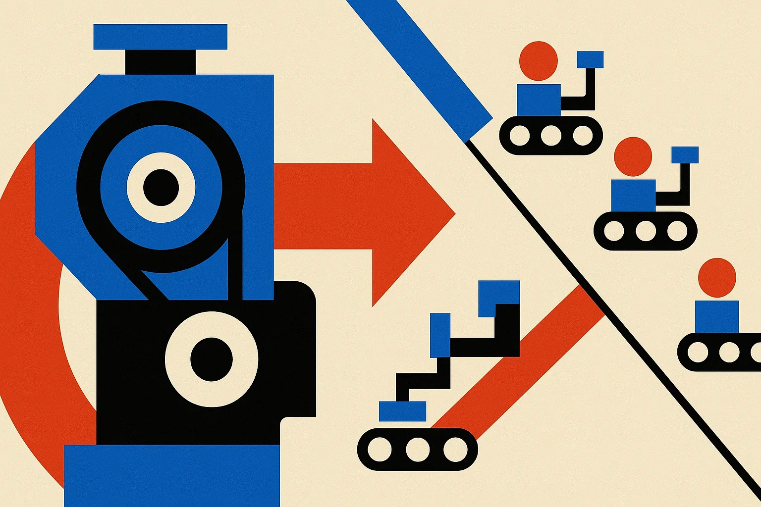 a large remote engine on one side and many small local components on the other, each doing one narrow repeated job