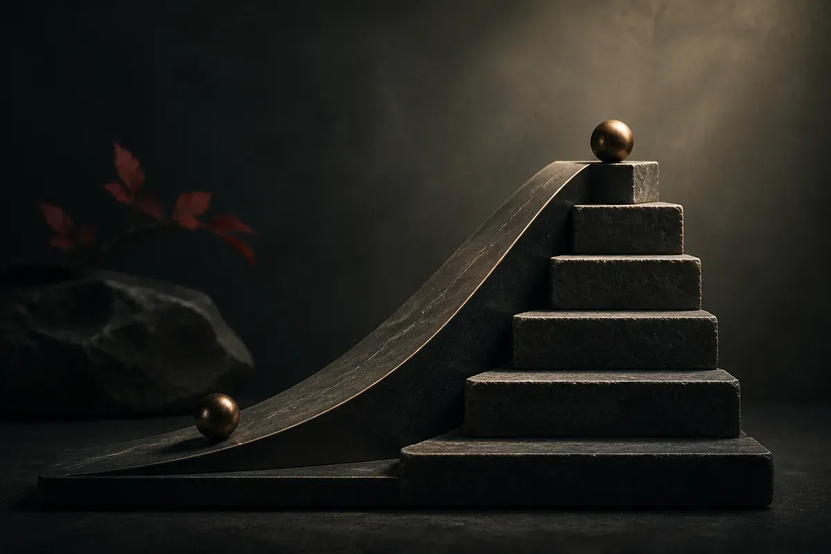 a smooth continuous slope compared against a staircase with only a few steps, both climbing to the same peak