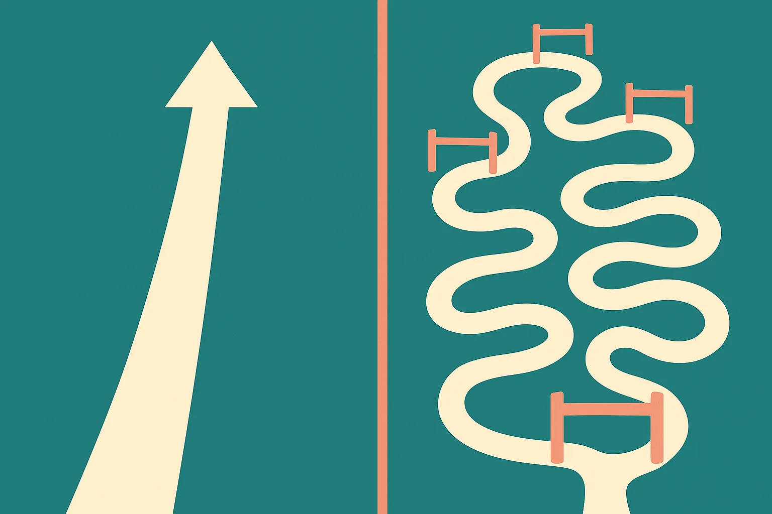 two side-by-side paths, one drawn quickly and confidently, the other long and winding with many gates