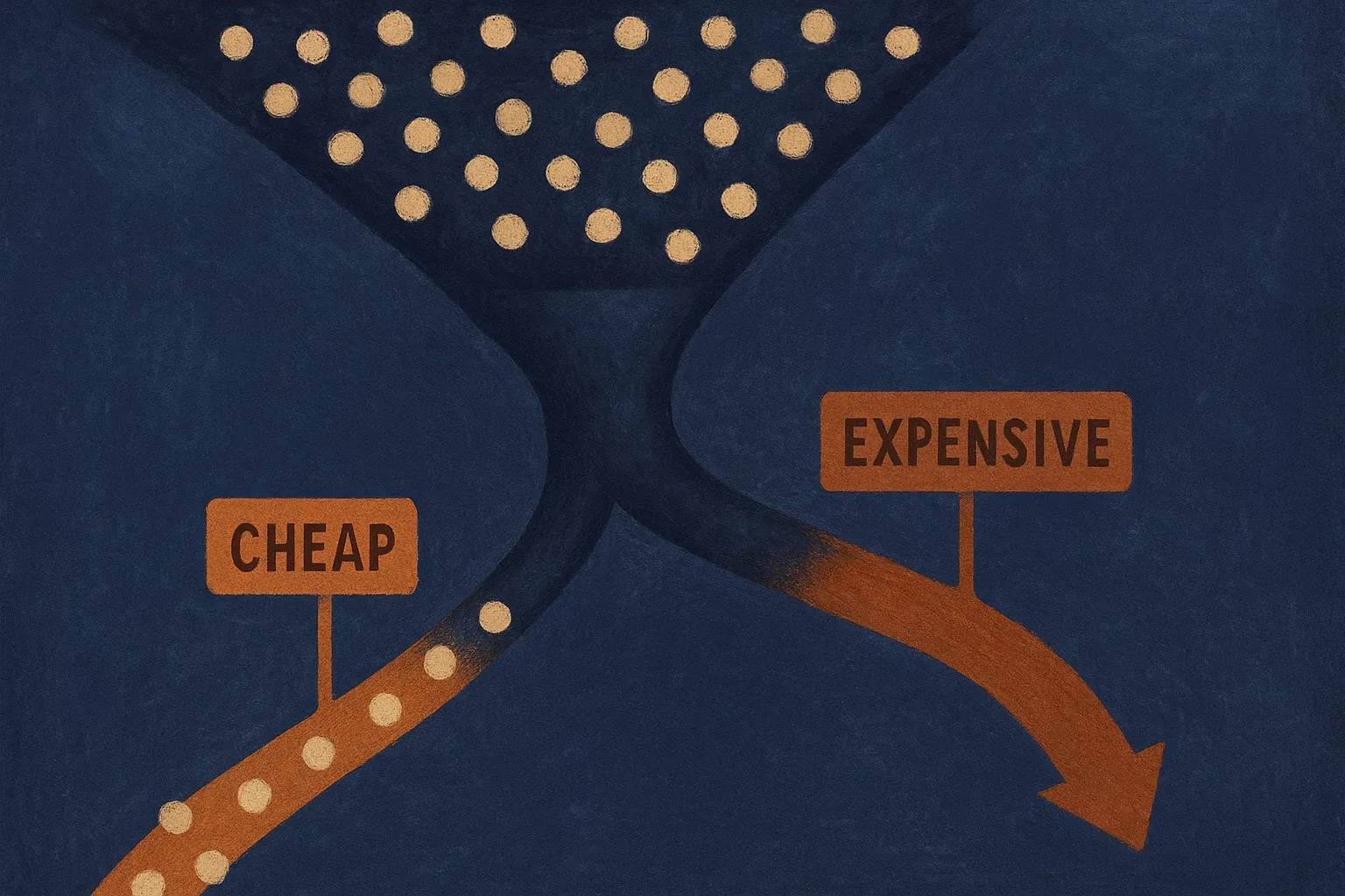 a decision router splitting many small requests toward a cheap path and a few requests toward an expensive path