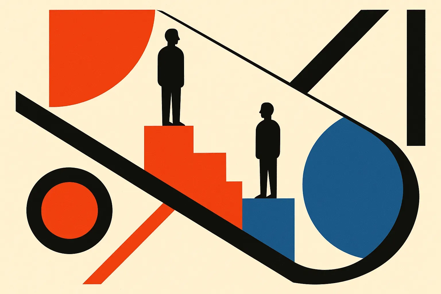 two figures on podium steps whose heights swap places when the floor beneath them tilts