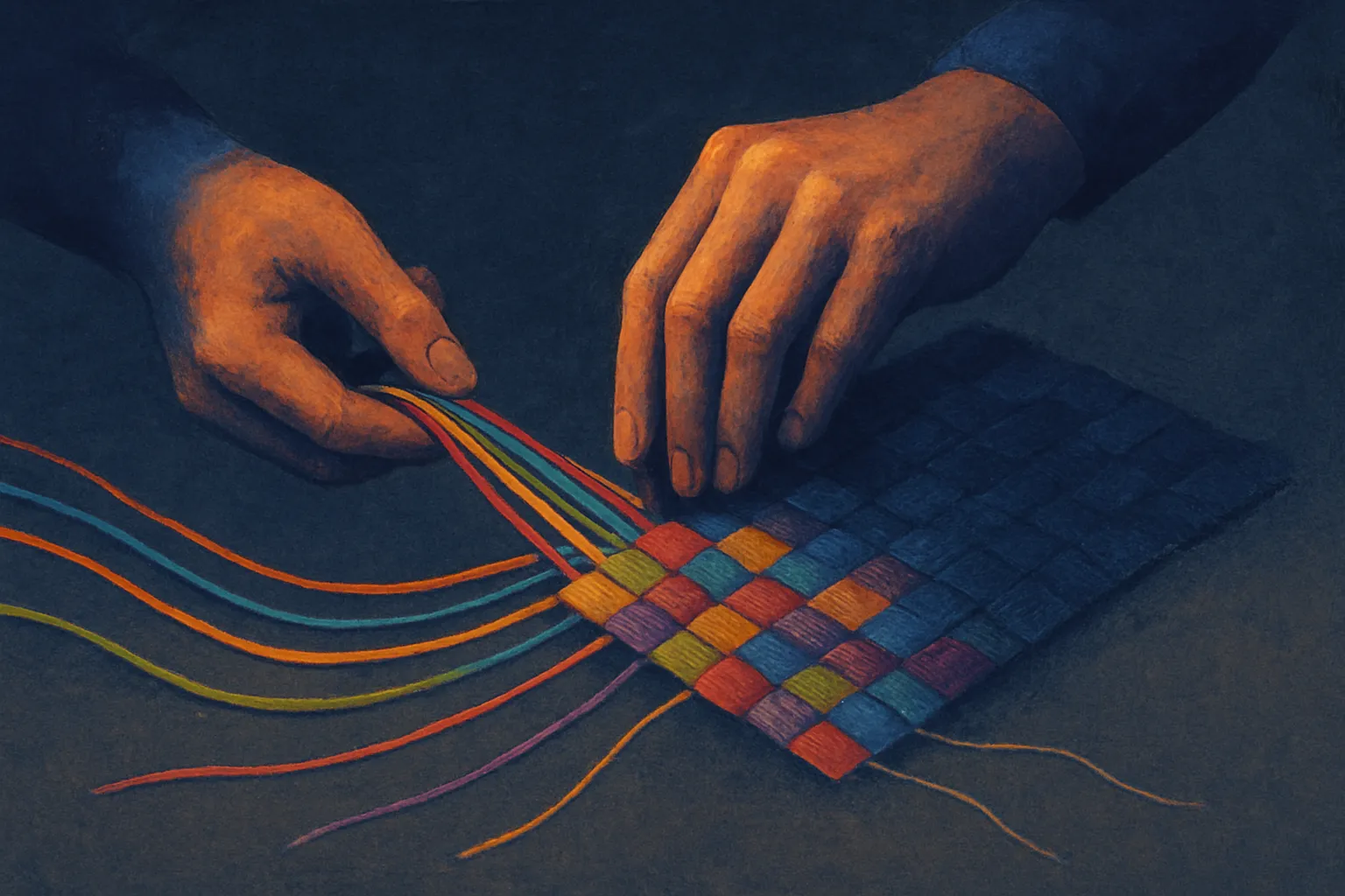 two hands weaving threads of many colors into a single cloth, with a few faint threads left outside the weave