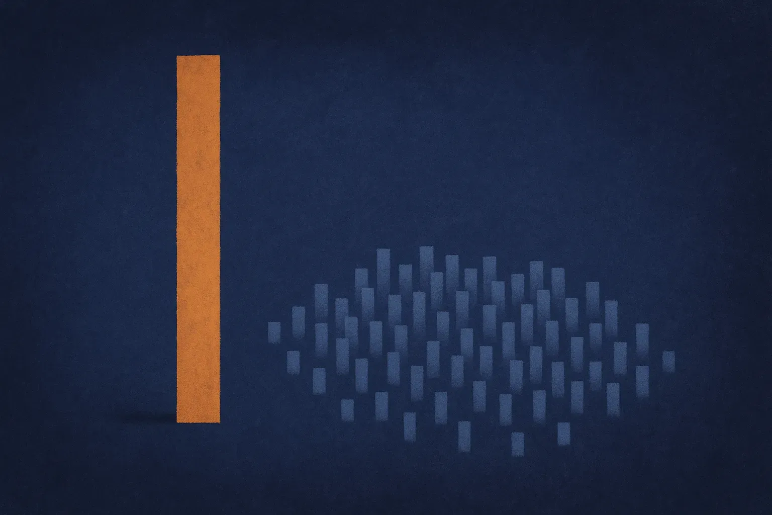 a single tall bar next to a wide scattered cloud of shorter bars representing the same measurement, showing spread hidde