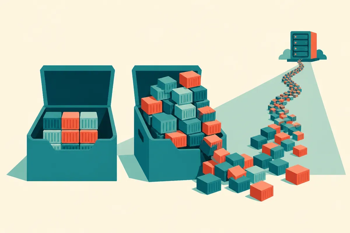 a stack of containers partly filling a box with room to spare, next to an identical box overflowing with the stack spill
