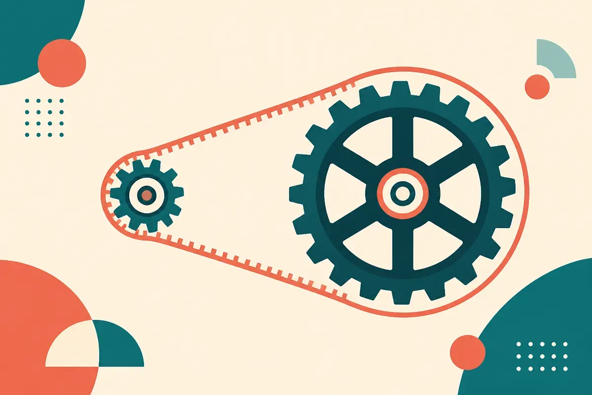 a small gear and a very large gear turning at the same speed, connected by a tuned belt
