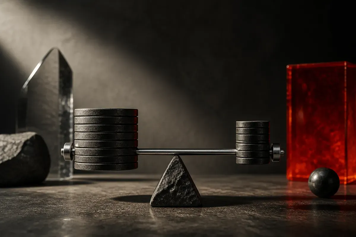 two weight-lifting figures lifting the same bar, one stocky and large, the other lean and compact, both holding the bar