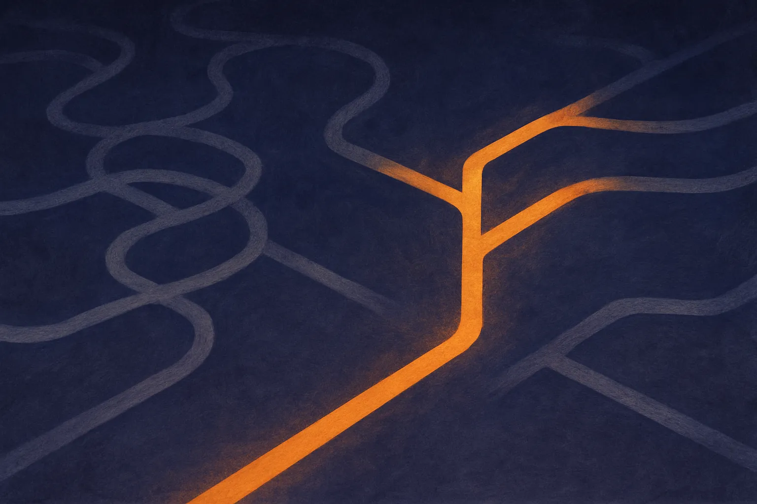 a branching decision path where efficient direct routes glow and wasteful looping detours fade out