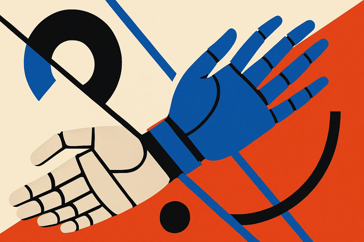 a single robot hand split into two zones, one zone steady and anchored, the other zone reaching outward in motion, the t