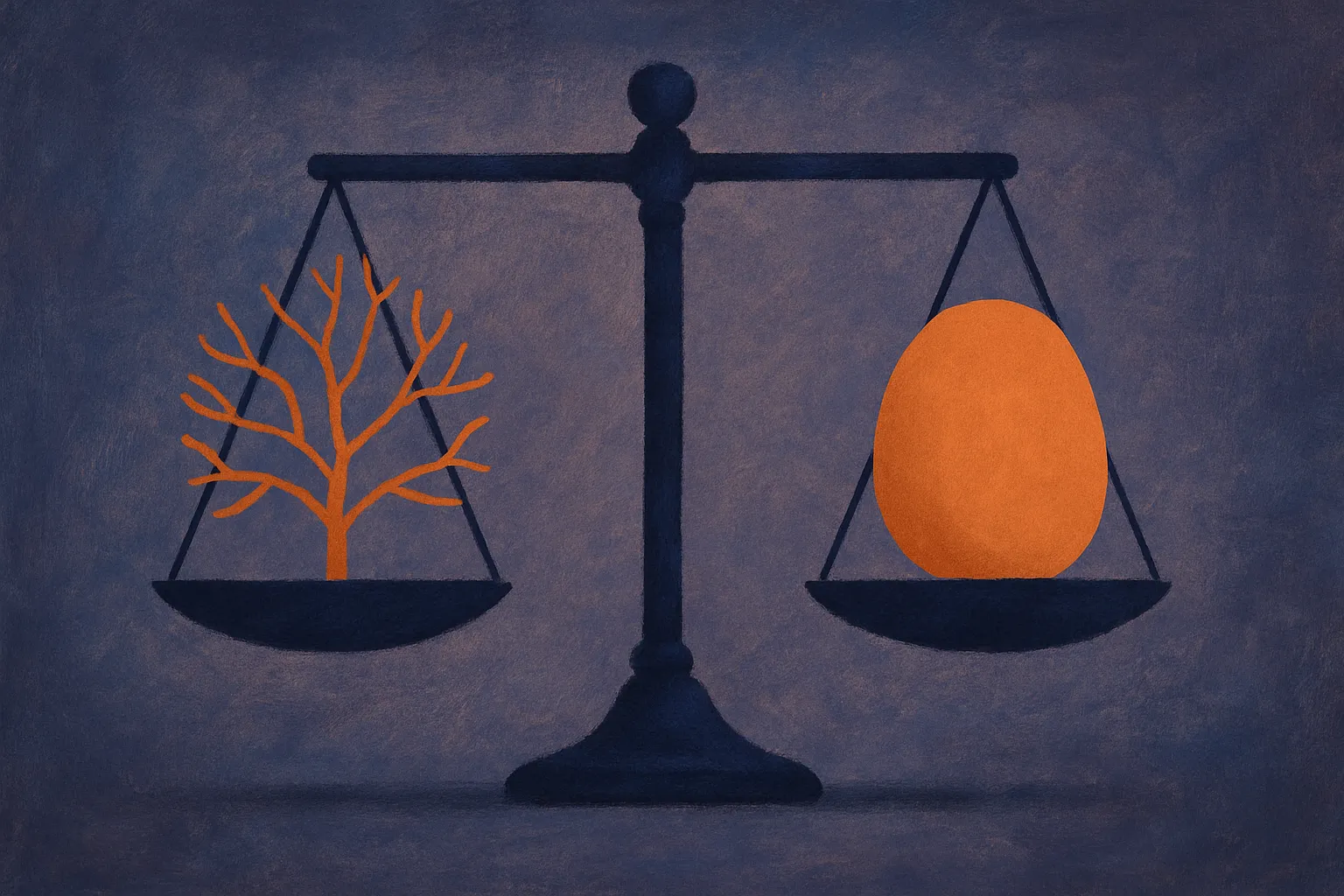 a balance scale holding two abstract shapes, one intricate and branching, the other smooth and uniform, resting level