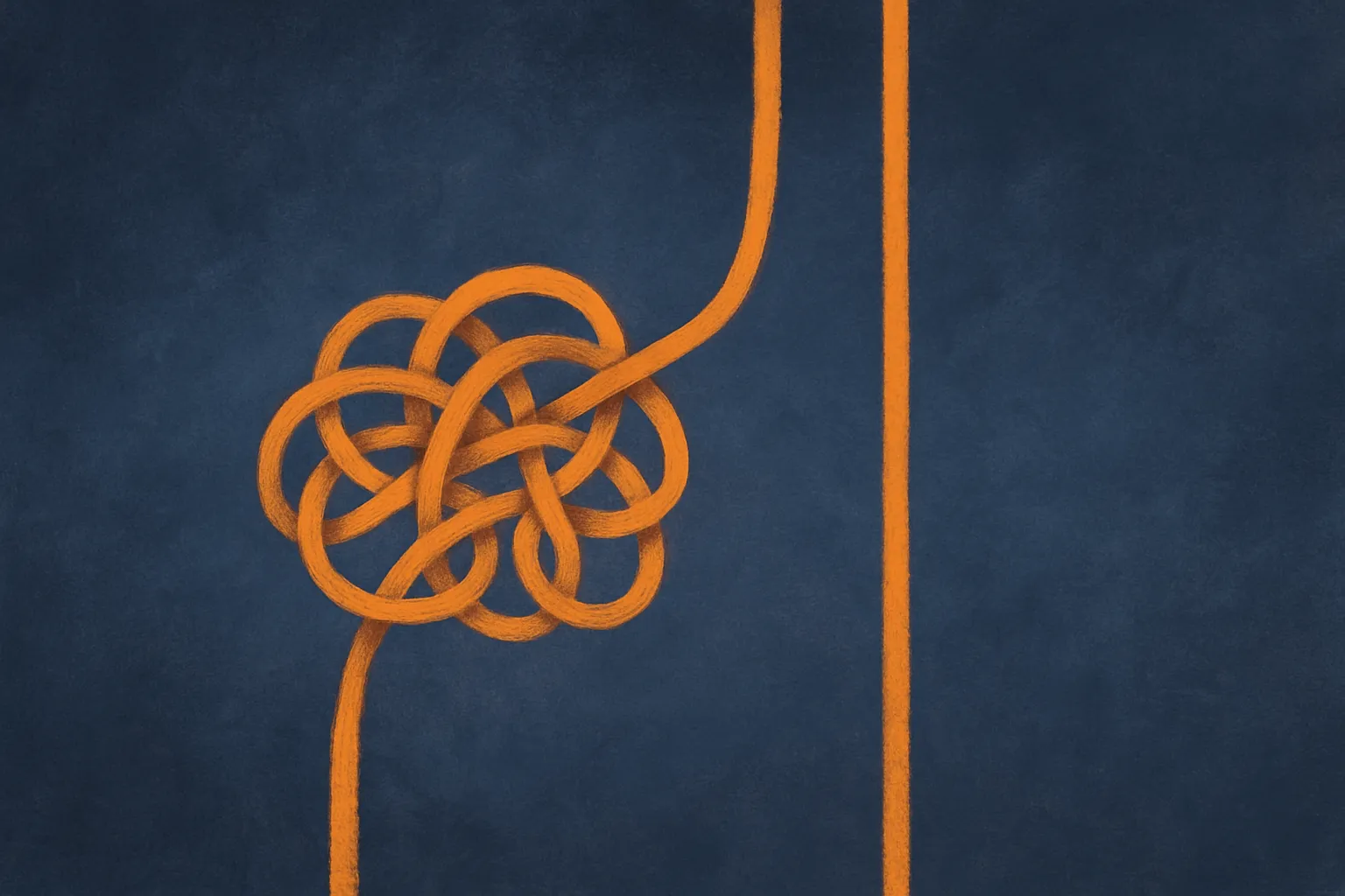 a single tangled knot being separated into two clean parallel threads
