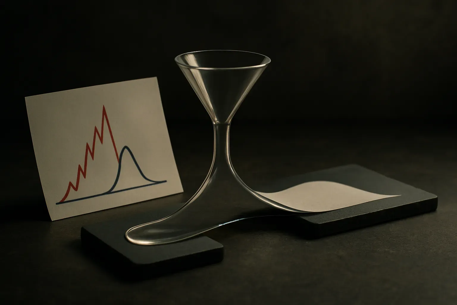 two very different score profiles funneling through a curve that flattens them into nearly the same output shape