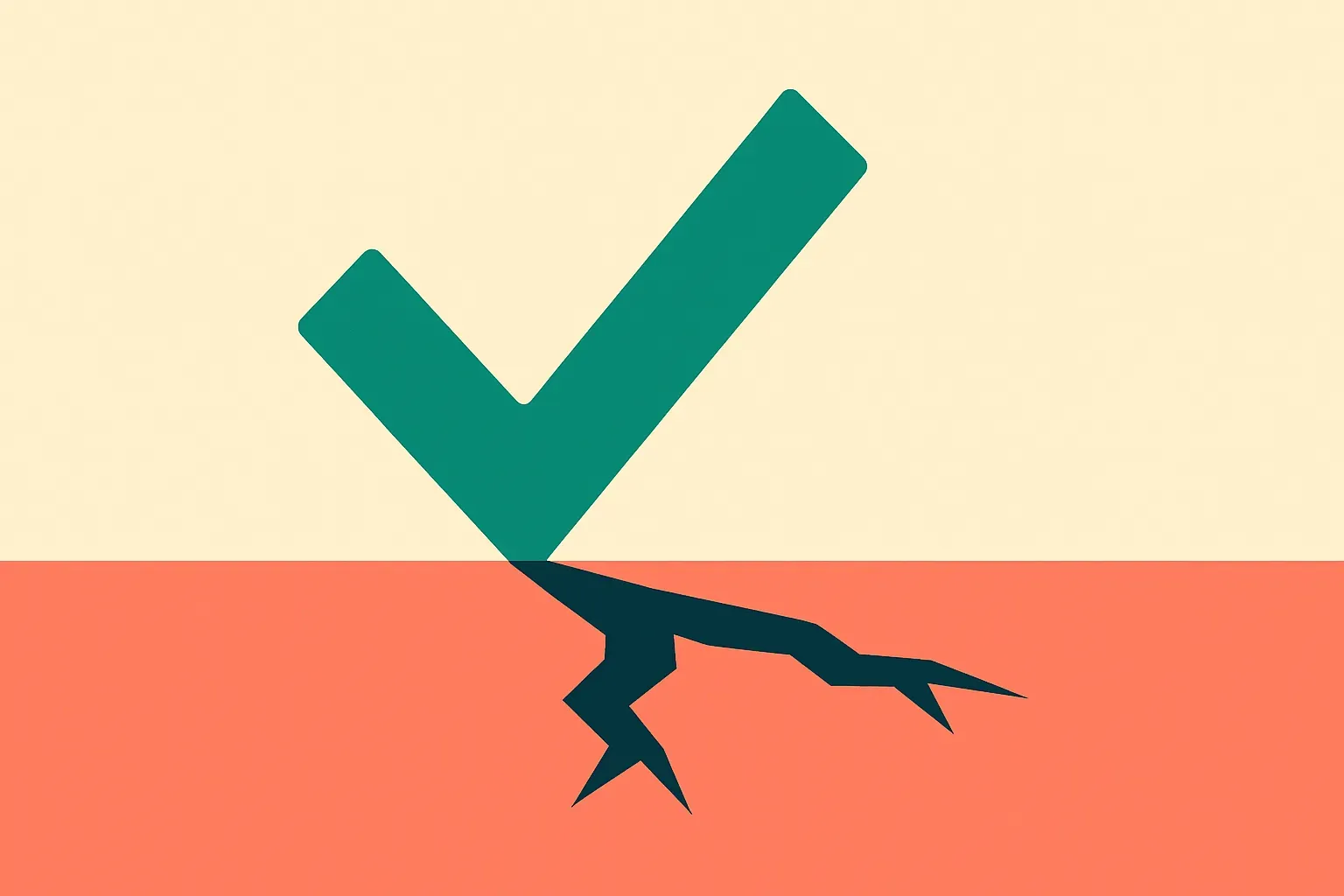 a green checkmark casting a shadow shaped like a hidden crack