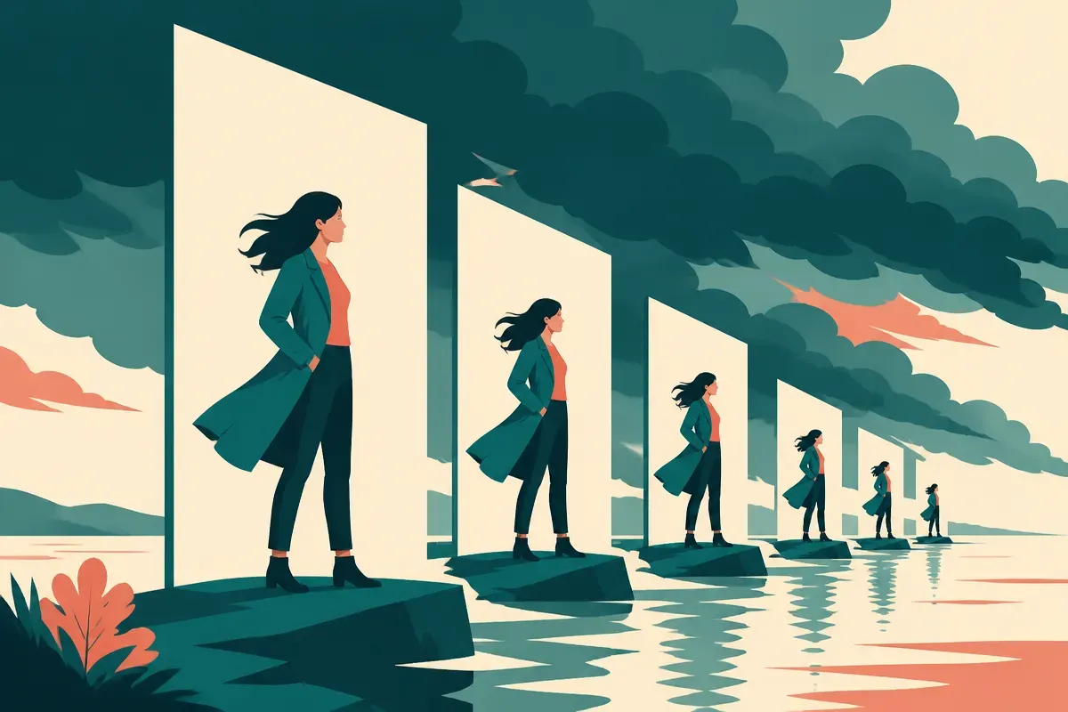 a single figure repeatedly framed against storm clouds, standing firm, the same pose echoed over and over