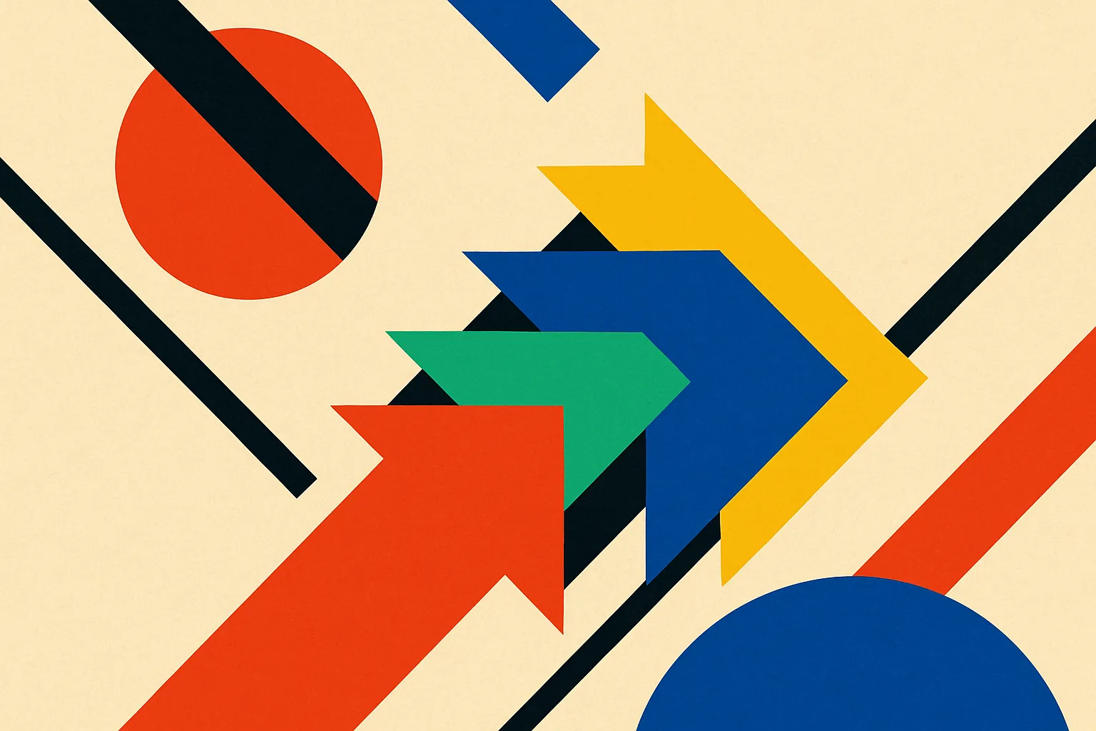 several small glowing arrows of different colors being stacked and combined into one larger arrow pointing forward