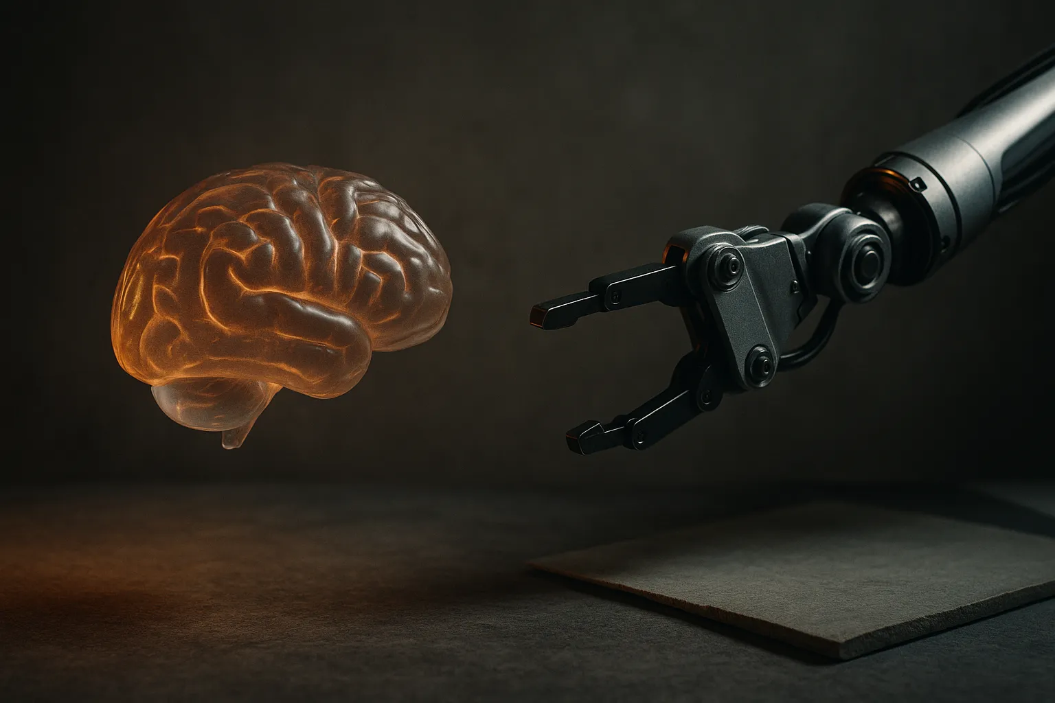 a robotic arm reaching toward an object, with a wide translucent gap separating a floating brain-like shape from the arm