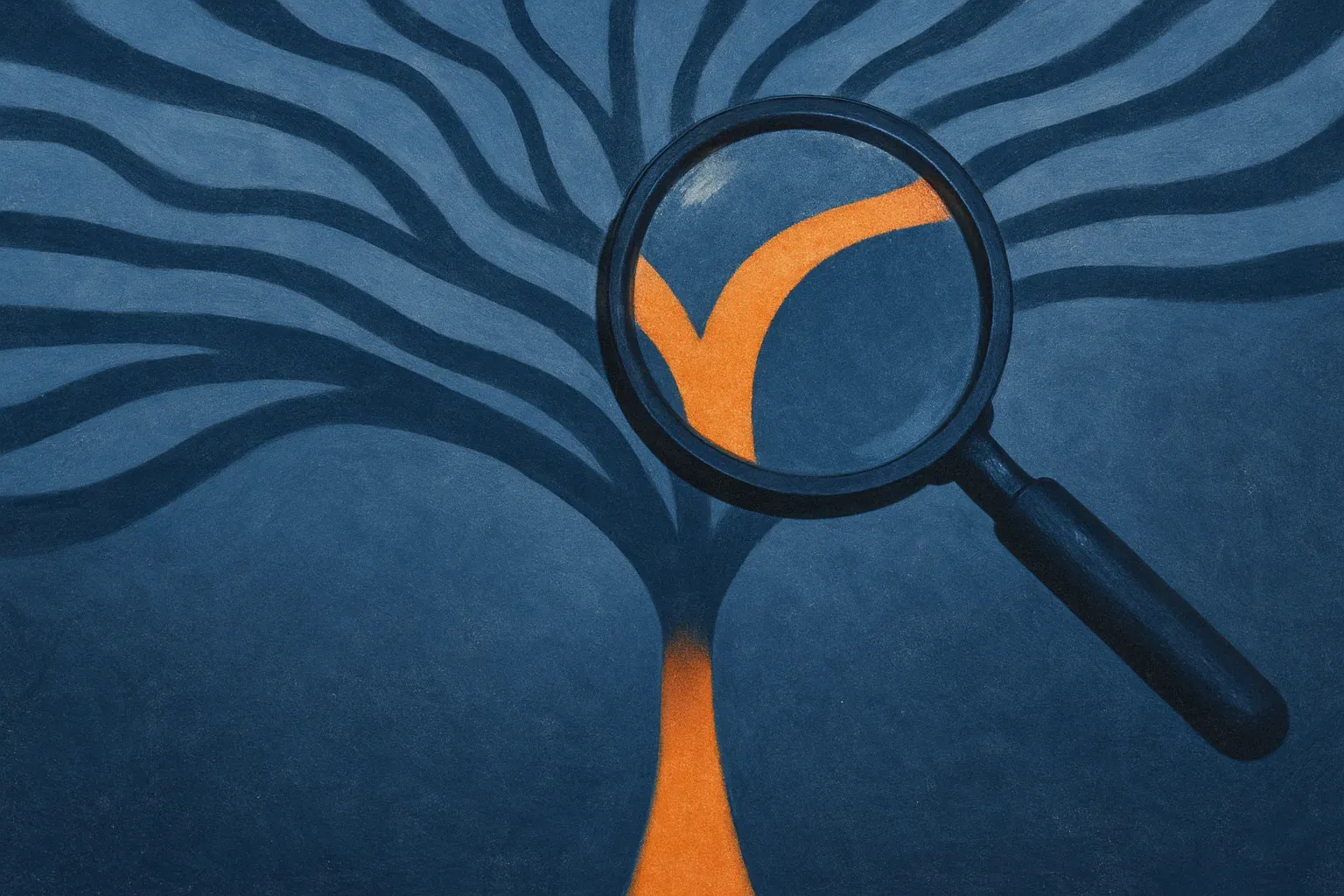 a funnel of many candidate paths narrowing to a single selected path, with a magnifying lens hovering over the choice po