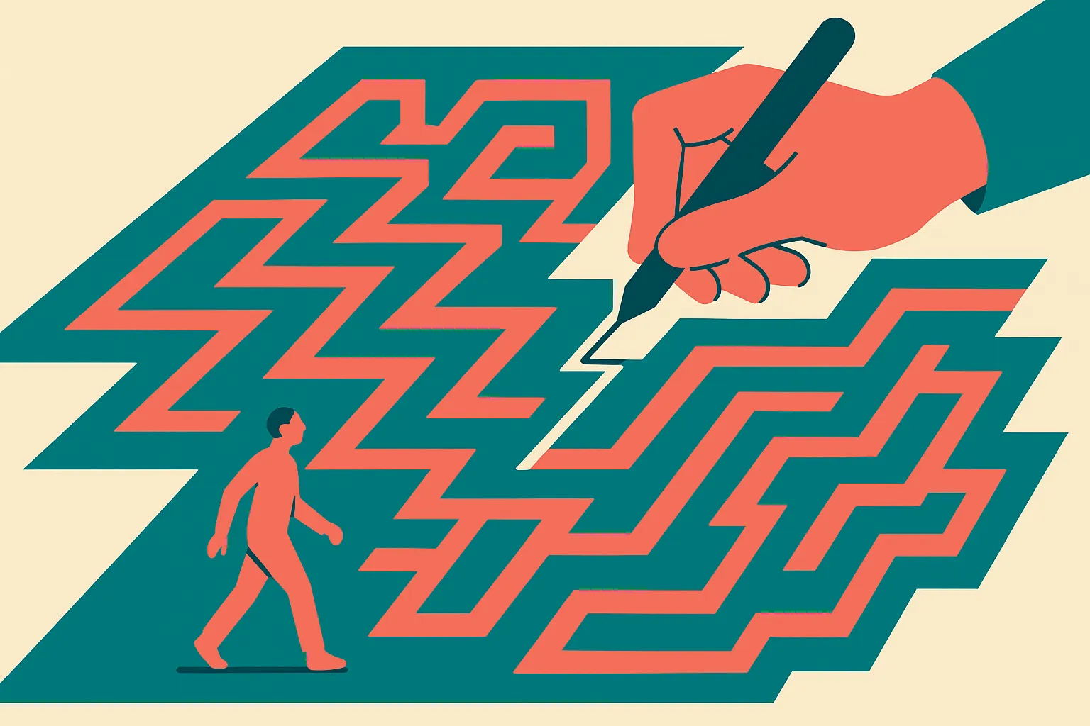 a designer hand sketching a maze while a solver figure walks through it, the maze reshaping itself to stay just barely s