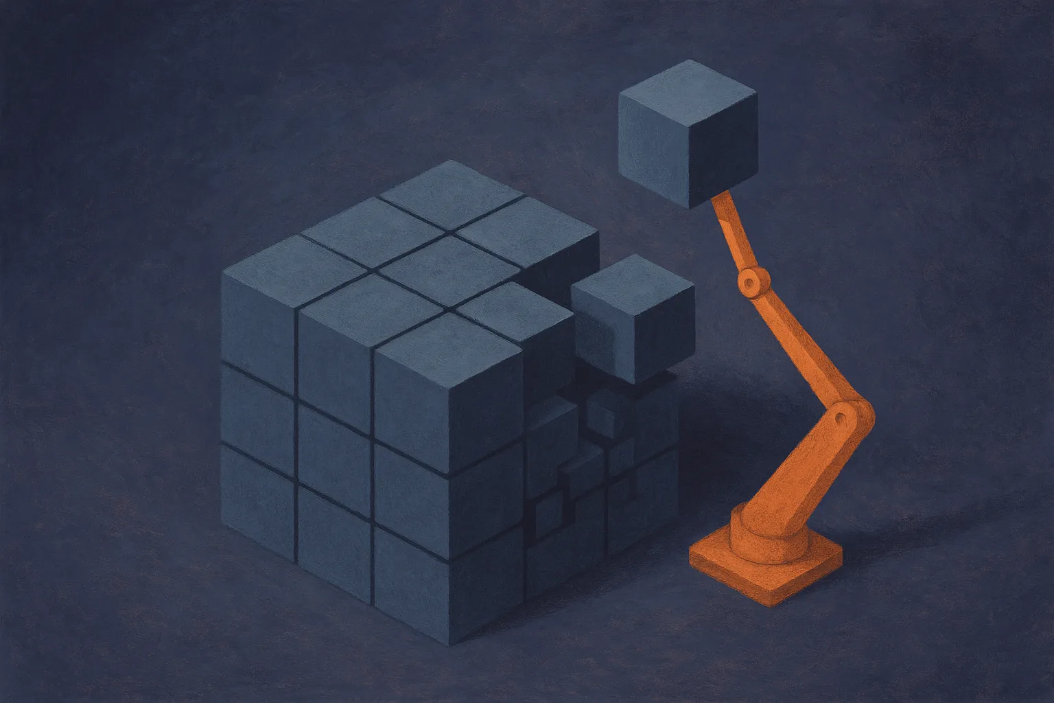 a single block breaking into smaller labeled-less cubes, one cube being lifted out and tested alone