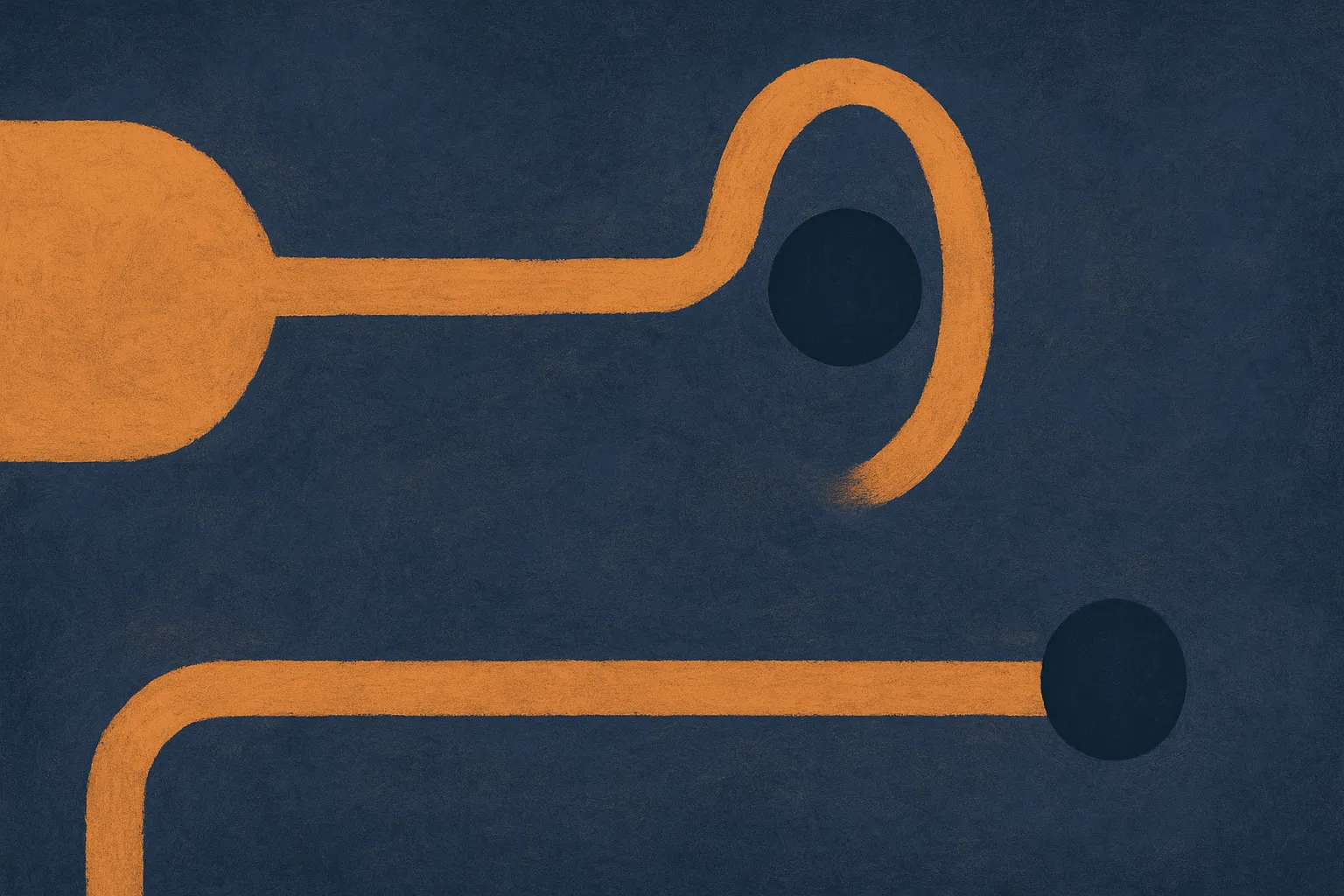two paths from a large shape to a small shape, one path threading through the small shape's core, the other wrapping it