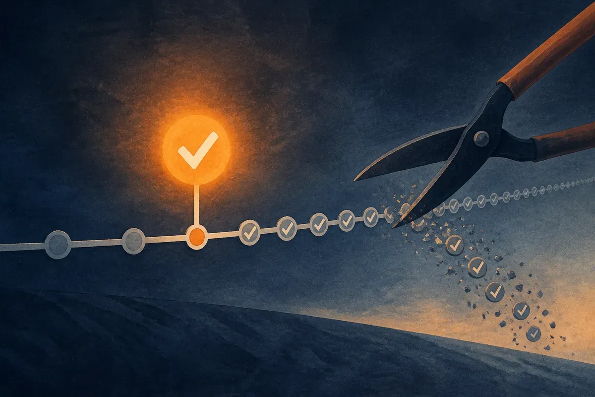 a timeline where the answer appears early and a long tail of repeated checking marks gets trimmed away after it