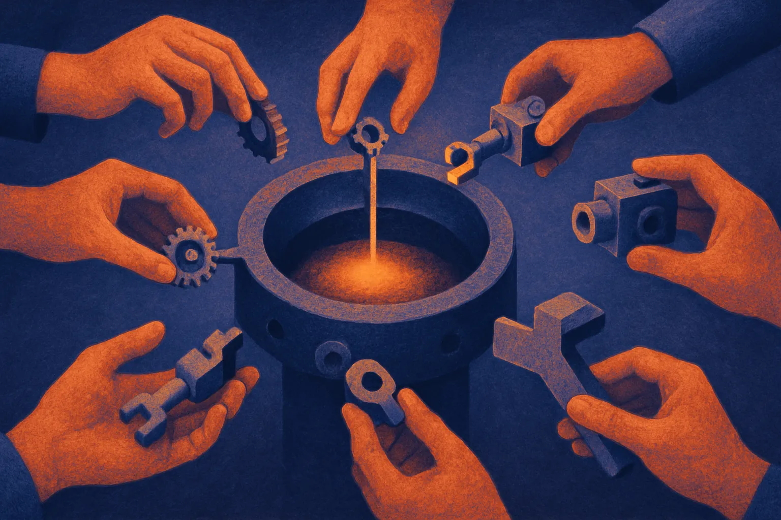 a central hub with many hands placing small mechanical parts into it, and other hands pulling finished assembled pieces 