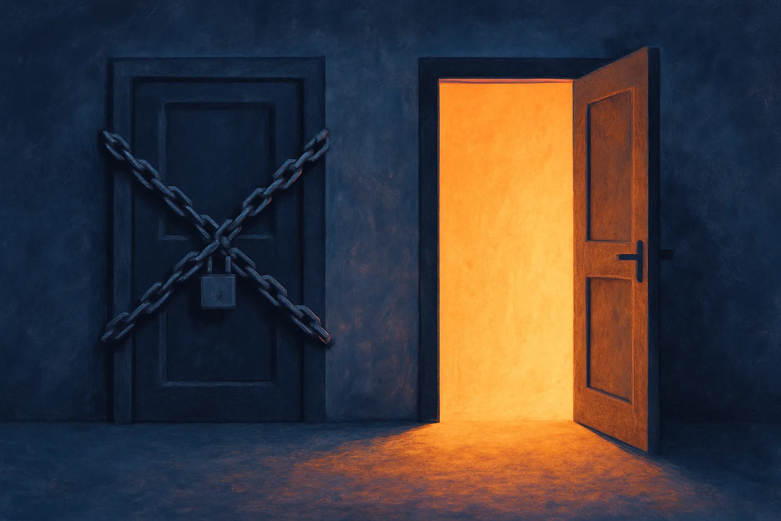 two doors side by side, one bolted shut with heavy chains, the other standing wide open with light spilling out