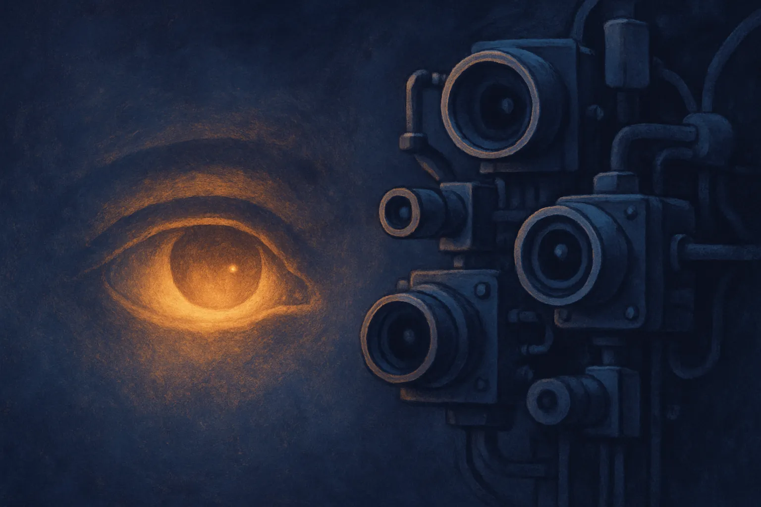 a single eye contrasted against a cluster of mechanical sensors, the single eye glowing brighter