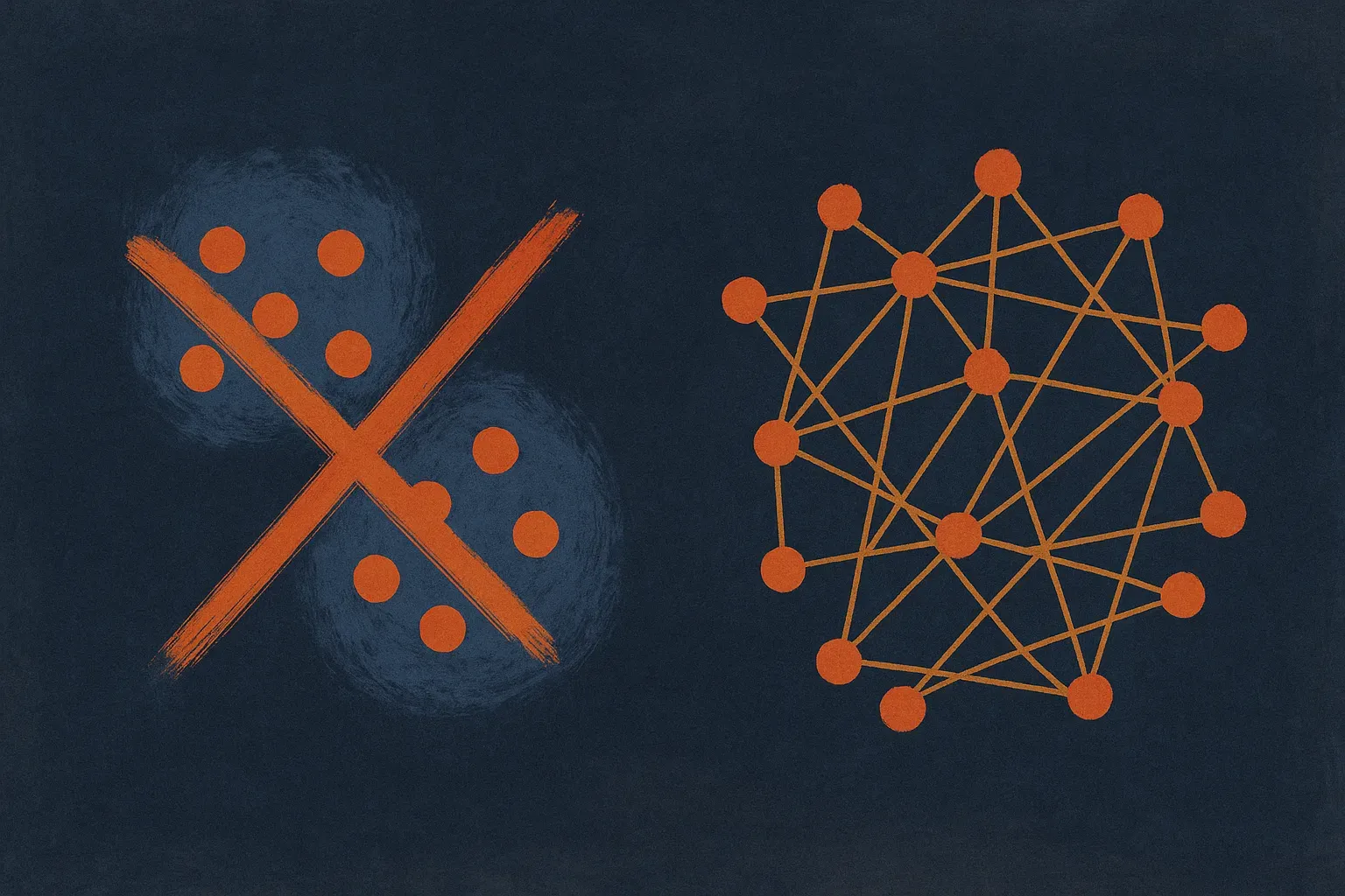 two proposed groupings of the same set of points, one clean split into two clusters crossed out, the other a looser web