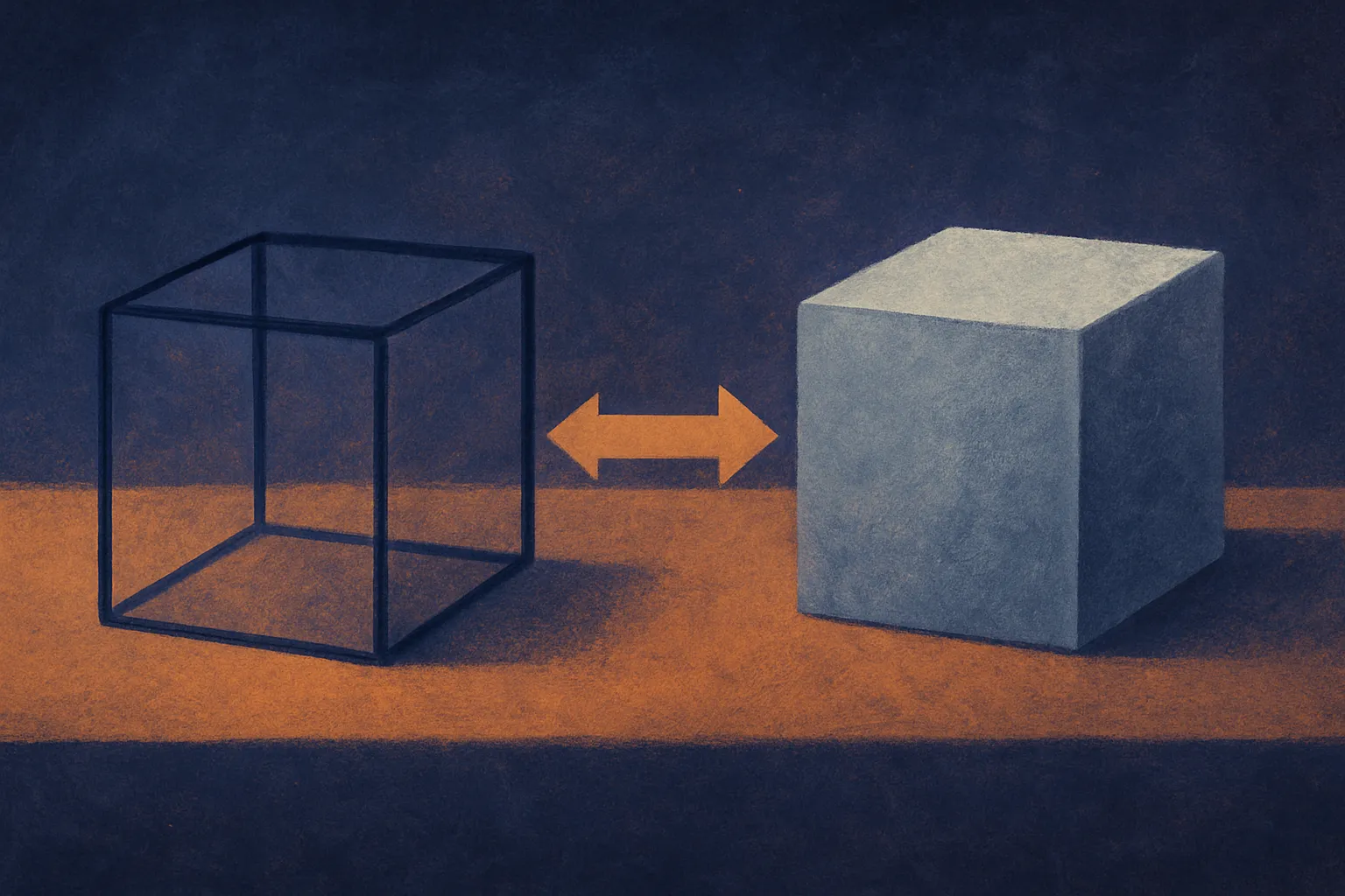 a spectrum sliding from a fully transparent glass box on one side to a partially frosted box on the other