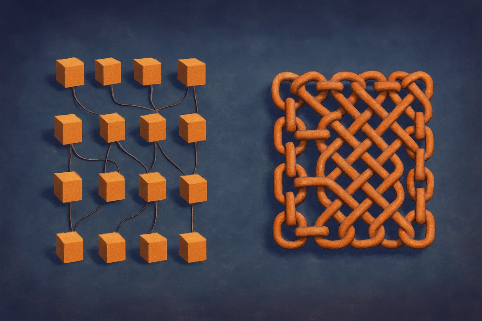 sixteen separate boxes connected by thin cables versus a single dense mesh of thick short links, contrasting a loosely w