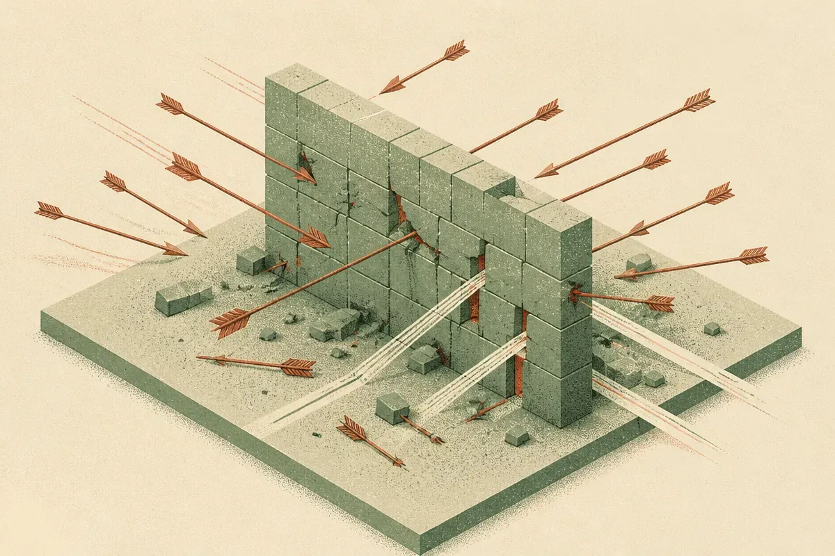 many probing arrows striking a barrier from different angles, a few finding seams