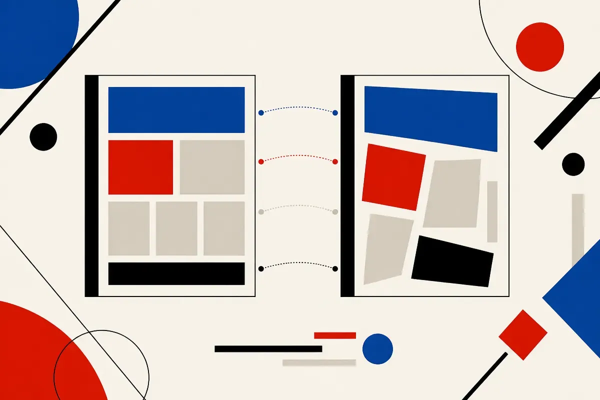 two different page-layout patterns side by side, one grid-like and one more irregular, with faint connecting lines showi