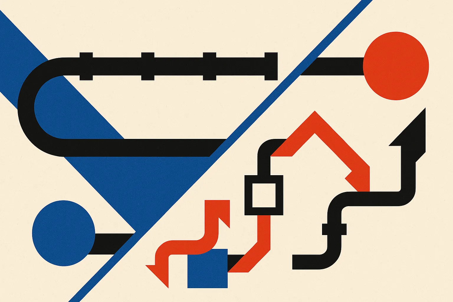 a contrast between a fixed unchanging pipeline and one whose steps rearrange and refine over repeated runs