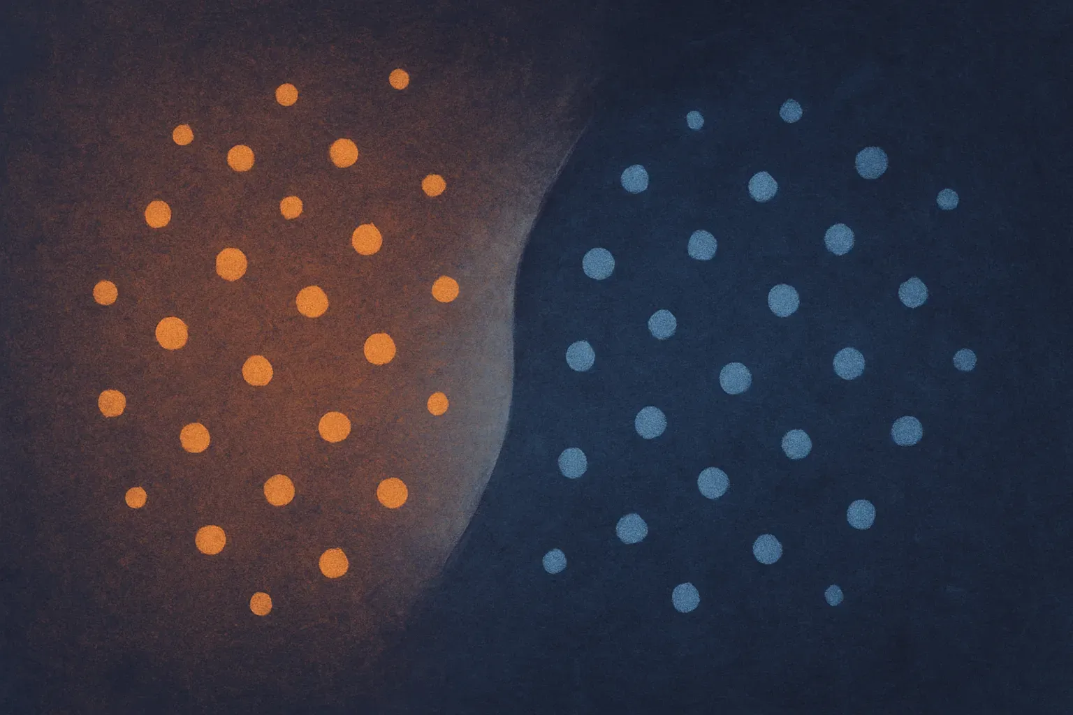 a scatter of points naturally separating into two distinct clusters, one warm and one cool, divided by a soft boundary