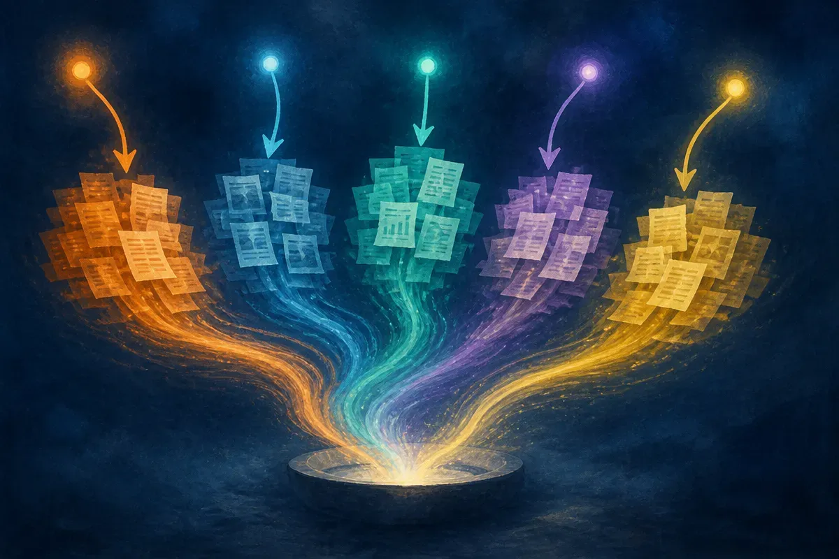 several distinct clusters of documents, each glowing a different color, with arrows from short opening phrases pointing
