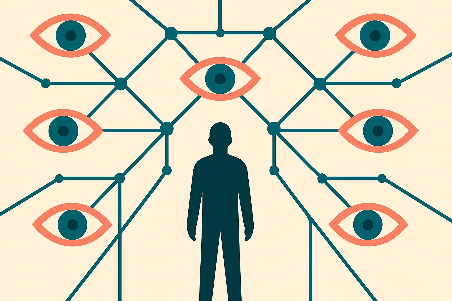 a single figure at the center of a converging web of watching eyes formed from network connections
