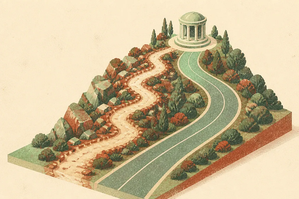 a road that splits into a fast paved lane and a slower path through rougher terrain, both reaching the same destination