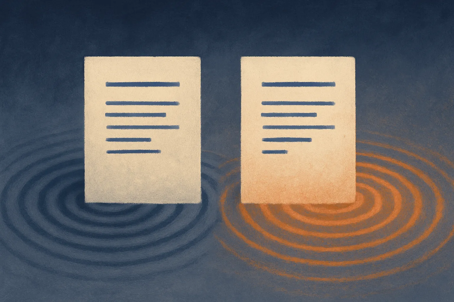 two nearly identical documents side by side, with wildly different ripple patterns spreading out from each