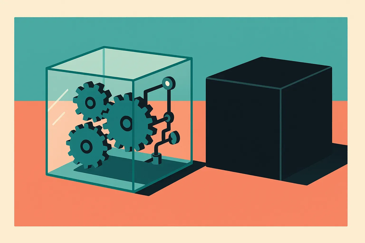a glass box containing a working machine with every internal gear visible, next to an identical opaque black box