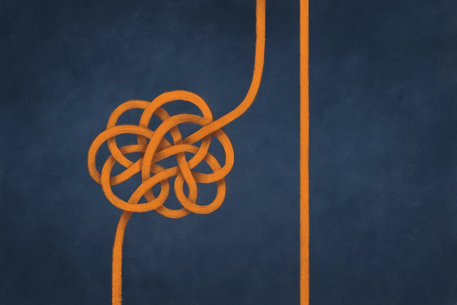 a single tangled knot being separated into two clean parallel threads