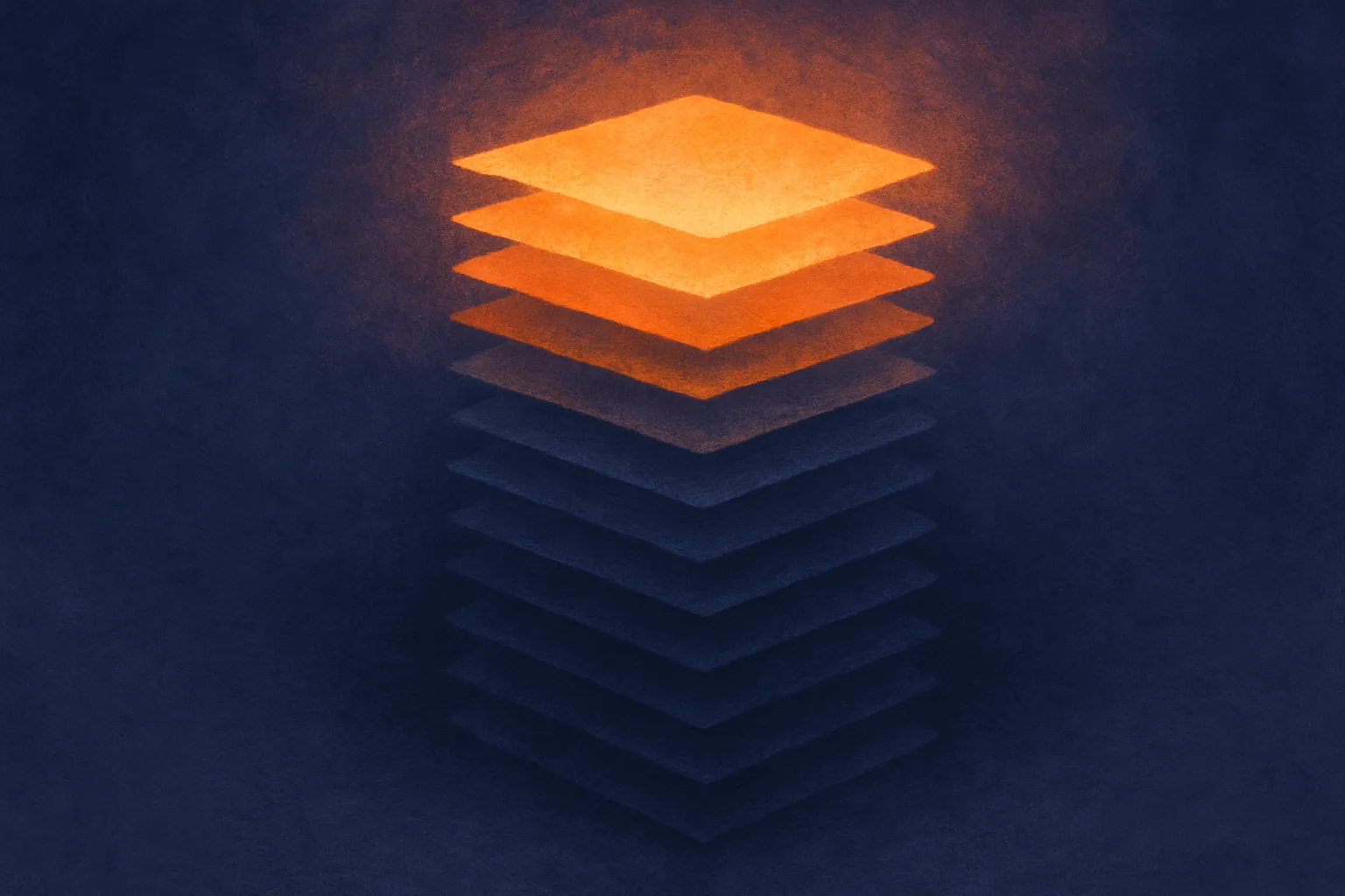 a tall stack of layers where only the top few glow brightly while the rest sit dim
