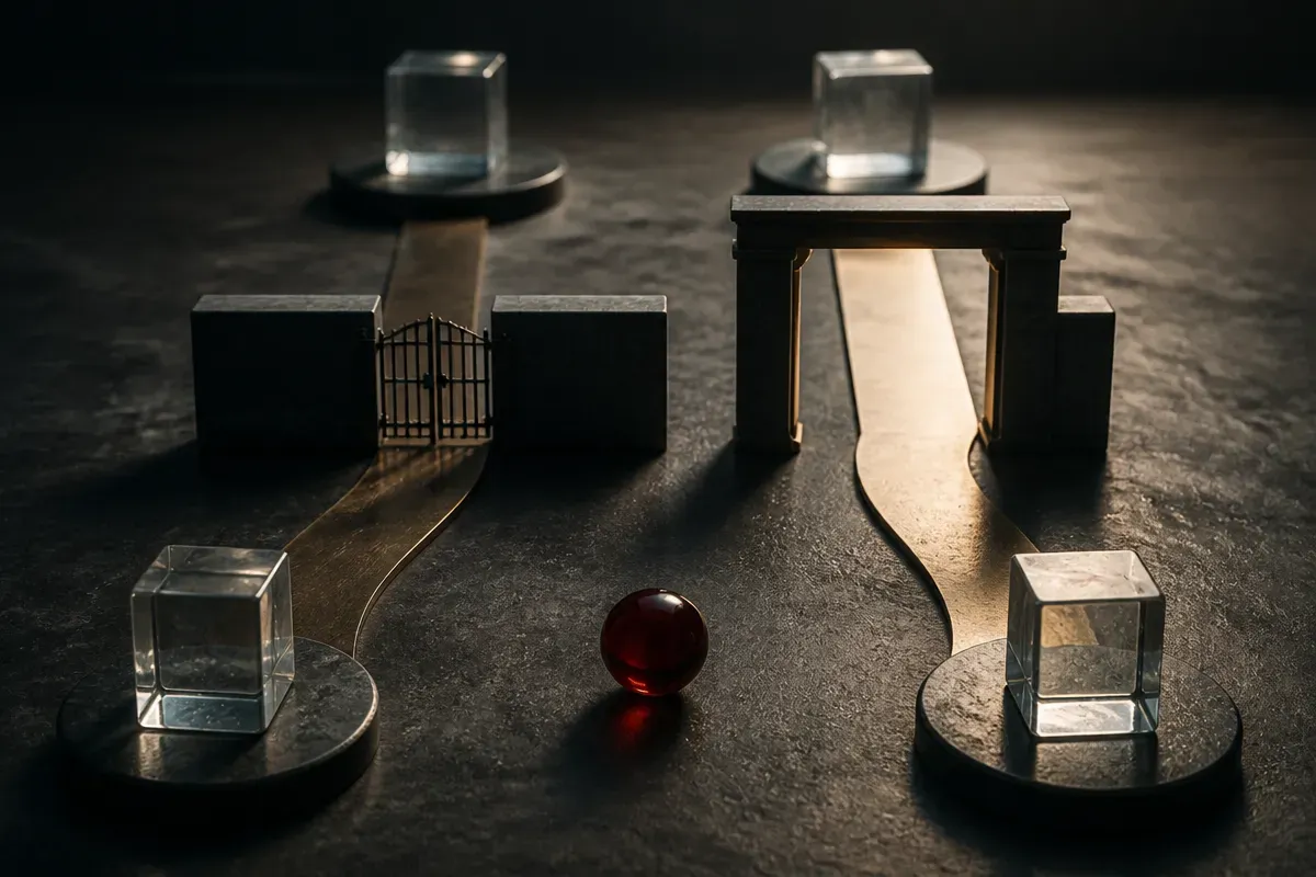two parallel paths from prototype to production, one blocked by a gate and one passing through an open checkpoint