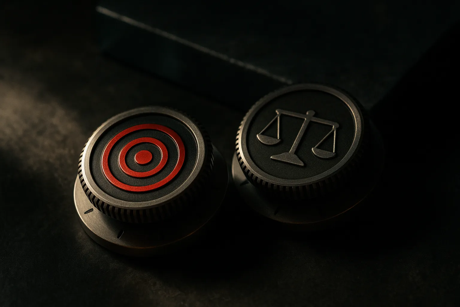 two separate dials, one labeled by a bullseye target and one by a balance scale, showing they can move independently