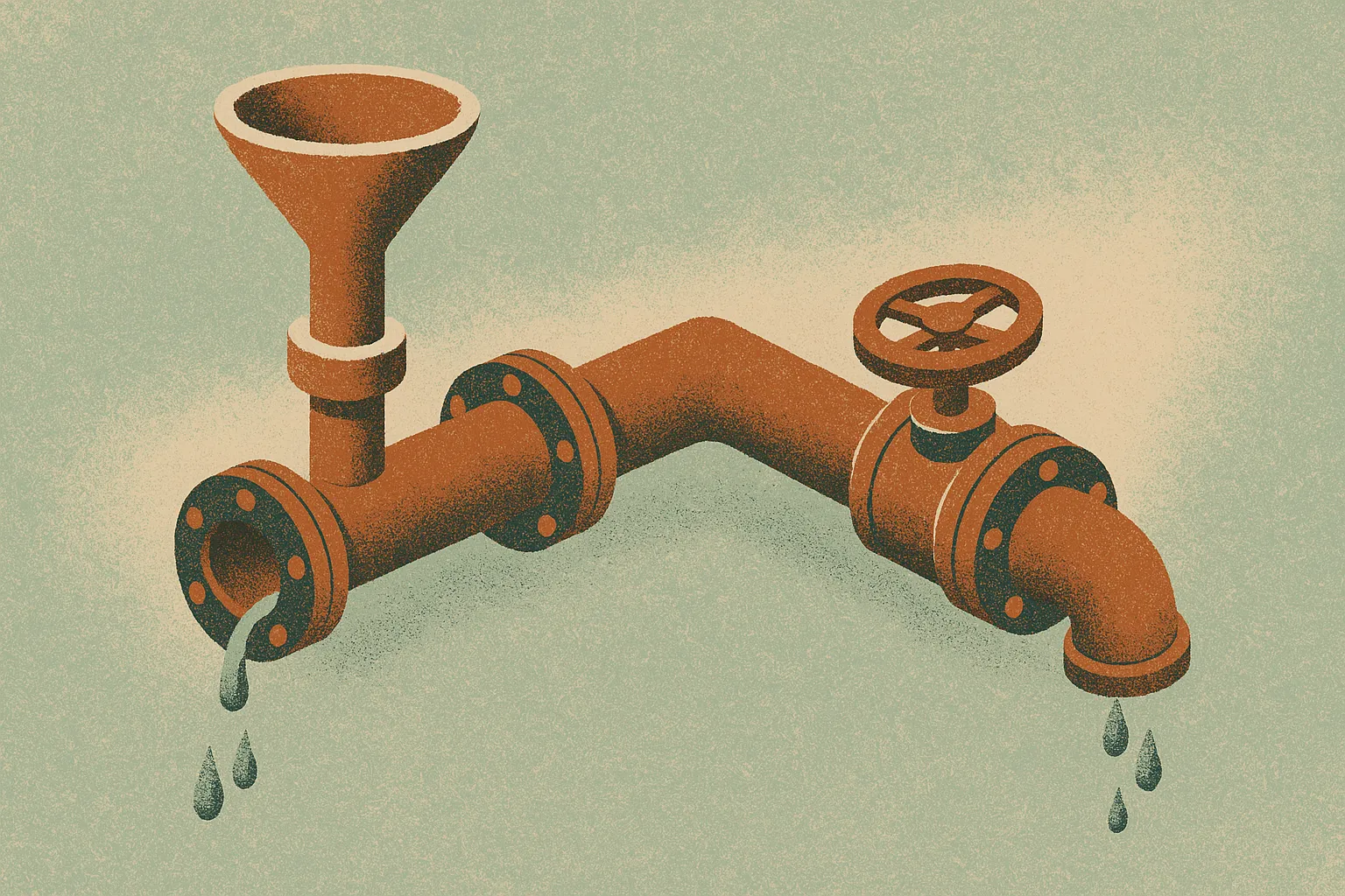 two leaking pipes side by side, one losing water at the intake funnel and one losing it at the outlet valve