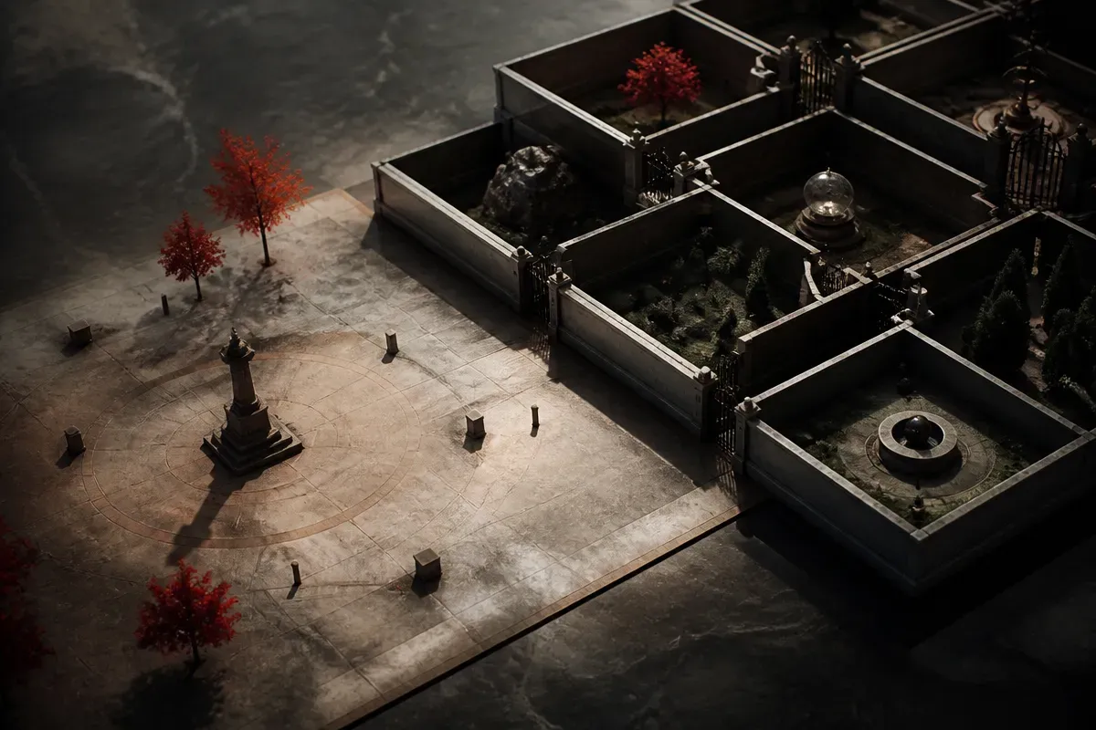 an open public square gradually replaced by walled enclosures with gated entrances
