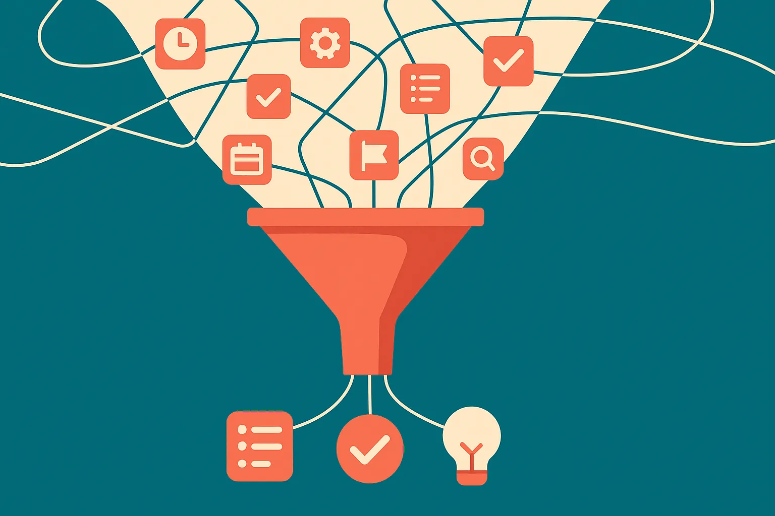a funnel narrowing a large set of tasks down to a small representative handful, with faint solving-path lines feeding th