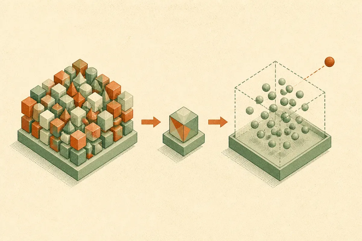 a two-stage flow where a dense image collapses into a small compact shape, then that shape is checked against a cloud of
