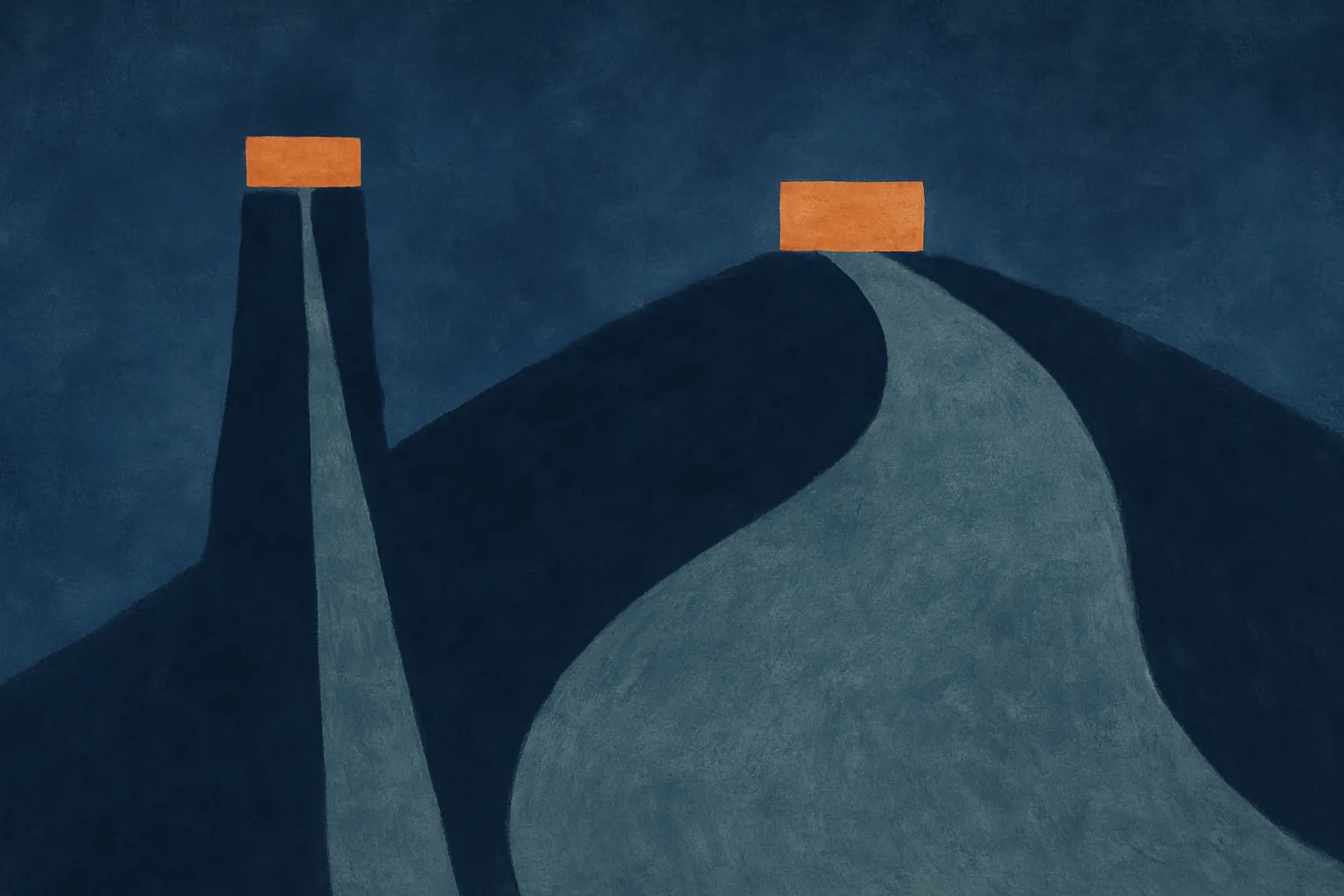 two paths reaching the same height, one thin and short, one wide and sprawling, suggesting equal results at very differe