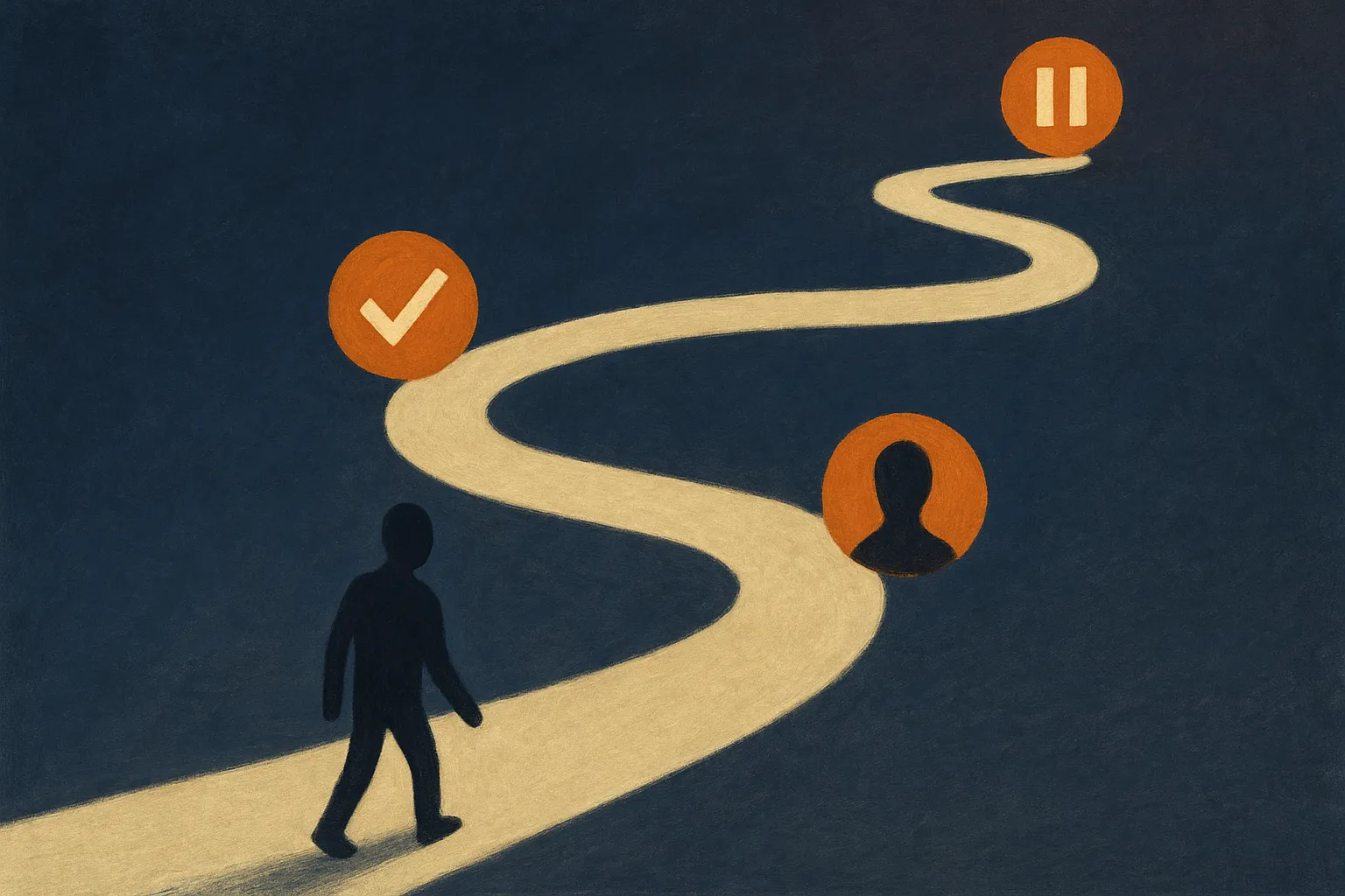 a long winding path with checkpoints, some marked as pauses for approval and some passed straight through, illustrating 
