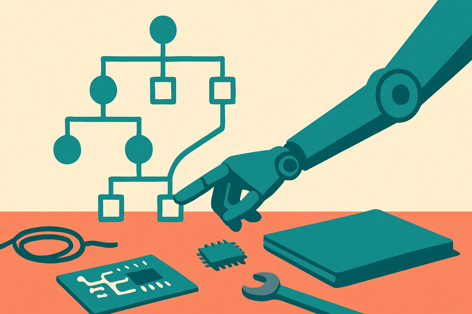 a branching decision tree overlaid on a robot arm reaching across a cluttered tabletop